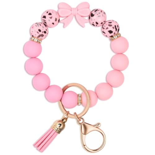 BAOSIWA Silicone Beaded Keychain Wristlet Key Ring Bracelet Cute Car Key Chain Holder for Women Girls - color: Bow