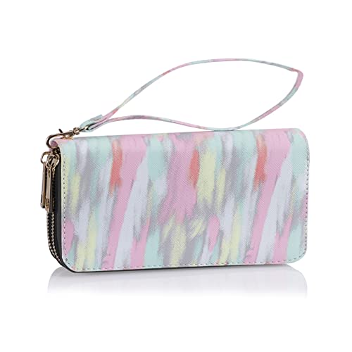 XEYOU Double Zipper Long Clutch Wallet Cellphone Wallet for Women with Removable Wristlet Strap for Credit Card, Cash, Coin, Bill - color: Pink+green+yellow