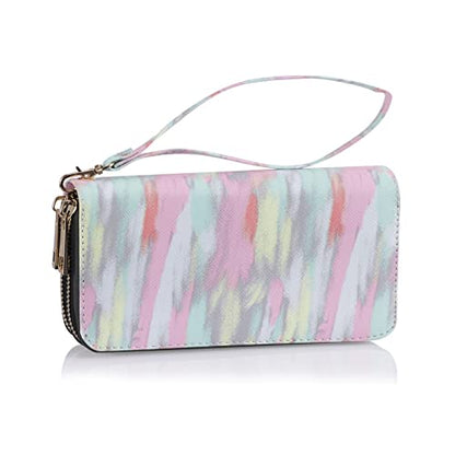 XEYOU Double Zipper Long Clutch Wallet Cellphone Wallet for Women with Removable Wristlet Strap for Credit Card, Cash, Coin, Bill - color: Pink+green+yellow