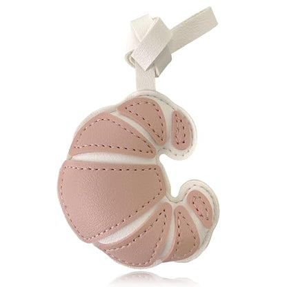 Handmade Leather Croissant Bag Charm, Bread Keychain | Thickened PU Leather, Fade-Resistant, Lightweight, Handbag, Purse Accessory, Unique Gift Idea, Women & Food Lovers - color: Pink Croissant