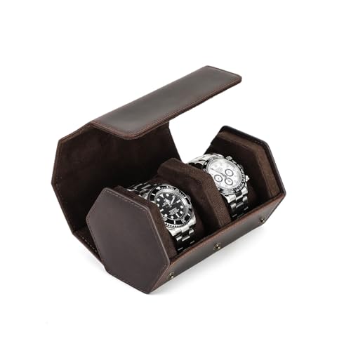 Hiram Genuine Leather Hexagon Watch Roll Travel Case, Leather 2-Watches Roll Case with Removable Pillow Cushion for Treasured Watches and Bracelets - color: Brown, size: 2-slots