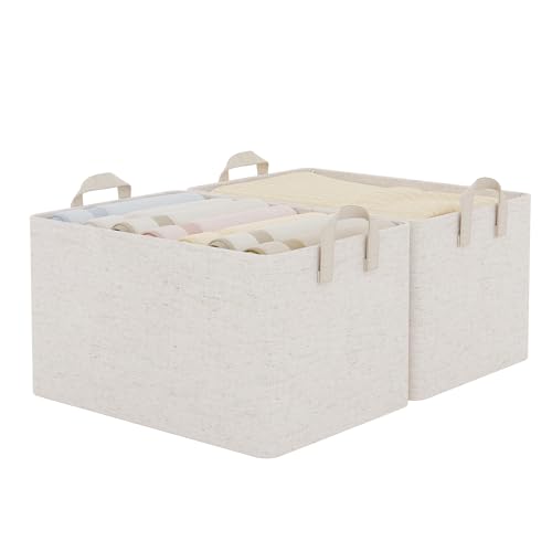 StorageWorks Linen Closet Storage Bins, 45L Storage Baskets, Beige, 2-Pack | Extra Large, With Reinforced PU Handles, Metal Frame, Collapsible Basket for Shelves, Closet, Holds Clothes, Towels, Blankets - color: Beige（Cotton-linen）, size: 19" L x 13 ¼" W