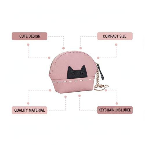 Cute Cat Small Coin Purse for Women - Credit Card Holder with Zipper Fashion Leather Compact Wallet Change Purse for Cash Key (Pink)