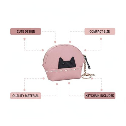 Cute Cat Small Coin Purse for Women - Credit Card Holder with Zipper Fashion Leather Compact Wallet Change Purse for Cash Key (Pink)