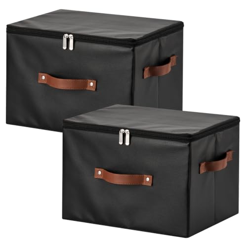 2PCS Storage Bins with Zipper Lid PU leather Storage Boxes Leather Fabric Collapsible Lidded Baskets Cube with Handle Decorative Shelves Closet Office Organizer Container(Black, Large Size) - color: Black, size: Large(set of 2)