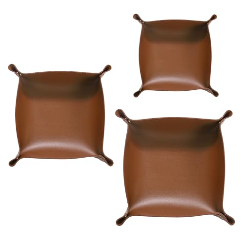 HARFINGTON 3pcs PU Leather Valet Tray Unisex Folding Mini Small Big Catchall Portable Entryway Table Nightstand Bedside Desk Tray for Key Wallet Watch Coin Jewelry Dice, Brown - color: Brown