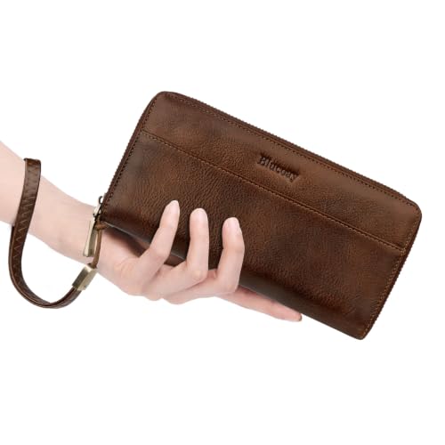 Real Leather Wristlet Wallet Women With RFID Blocking(darkcoffee) | Large capacity design,12 credit card slots,1 Inner zipper coin pocket,2 Full-length Receipt Slots,2 cash compartments - color: a9-darkcoffee