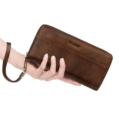 Real Leather Wristlet Wallet Women With RFID Blocking(darkcoffee) | Large capacity design,12 credit card slots,1 Inner zipper coin pocket,2 Full-length Receipt Slots,2 cash compartments - color: a9-darkcoffee
