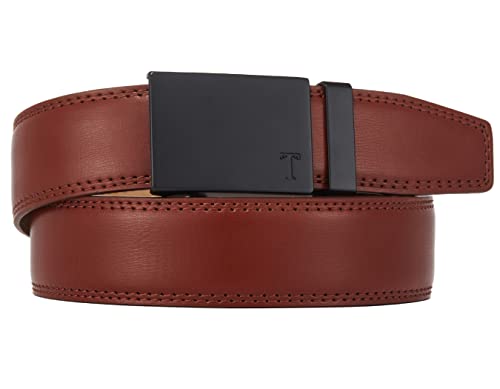 Ratchet Belts for Men, Leather Belts Adjustable Click | Business Casual, 1 3/8" Micro-Click Fit, Trimmable, No-Hole Hidden Track - color: Black Metal Buckle & Burnt Umber Leather