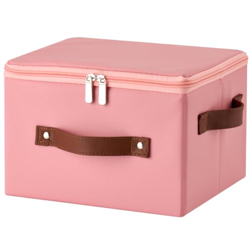 Storage Bins with Zipper Lid PU leather Storage Boxes Leather Fabric Collapsible Lidded Baskets Cube with Handle Decorative Shelves Closet Office Organizer Container(Pink, Small Size) - color: Pink, size: Small(set of 1)