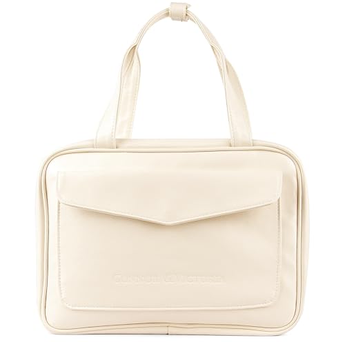 Tristan Home Premium Faux Leather Toiletry Travel Bag, Multi-Compartment Organizer with Hanging Hook, Washing Bag, 22.5cm x 32cm x 12.5cm (Cream White) - color: Cream White