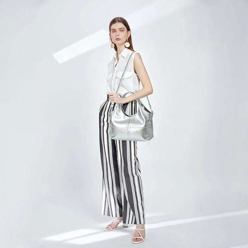 KOGTLA Medium Vegan Leather Purses for Women with Detachable Satchel Strap, Ladies Handbags, Tote Hobo Bags with Two-Handle - color: Silver