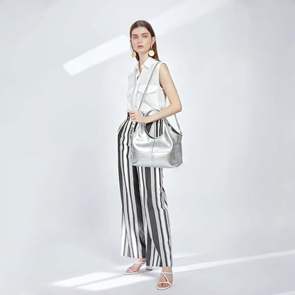 KOGTLA Medium Vegan Leather Purses for Women with Detachable Satchel Strap, Ladies Handbags, Tote Hobo Bags with Two-Handle - color: Silver