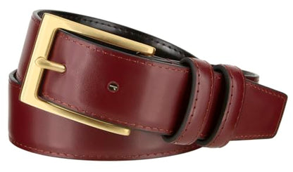 Men's Belt Classic Genuine Leather Smooth Dress Belt 1-3/8"(35mm) Wide - color: X_gold Buckle-burgundy, size: 50