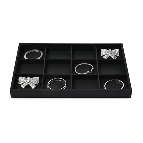 Black PU Leather 12-Grid Flat Jewelry Display & Organizer Tray | Black PU leather 12-grid divided jewelry tray, separate compartments for rings, necklaces, watches, retail & dresser display - style: 12 Grids