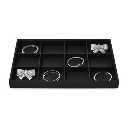 Black PU Leather 12-Grid Flat Jewelry Display & Organizer Tray | Black PU leather 12-grid divided jewelry tray, separate compartments for rings, necklaces, watches, retail & dresser display - style: 12 Grids