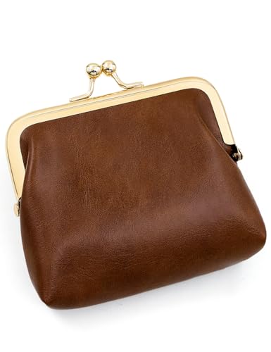 Women’s Small Coin Purse, Vintage PU Leather Change Purse, Rectangle Kiss Lock Coin Pouch, Pocket-Sized, Solid Color, Mini Coin Purse for Women - Brown - color: Brown