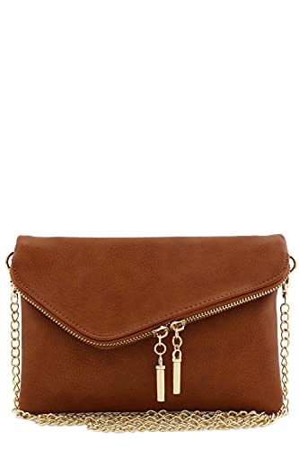 FashionPuzzle Envelope Wristlet Clutch Crossbody Bag with Chain Strap - color: Dark Tan