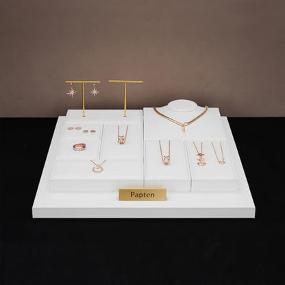 White PU Leather 3 Slot Necklace Display Stand | Triple Necklace Holder Tray, Premium Multi-Necklace Organizer for Retail Showcase & Product Photography - size: 6.3" x 3.15" x 0.98"