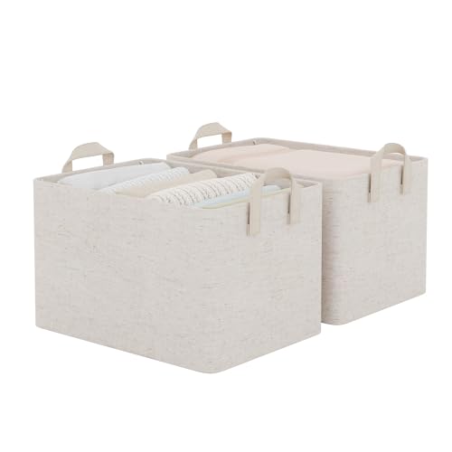 StorageWorks Linen Closet Organizers, Fabric Storage Bin, Beige, 2-Pack | Large, With Reinforced PU Handles, Metal Frame, Collapsible, Basket for Shelves, Closet, Holds Clothes, Towels, Blankets - color: Beige（Cotton-linen）, size: 16 ½" L x 12" W x 10 ¼"