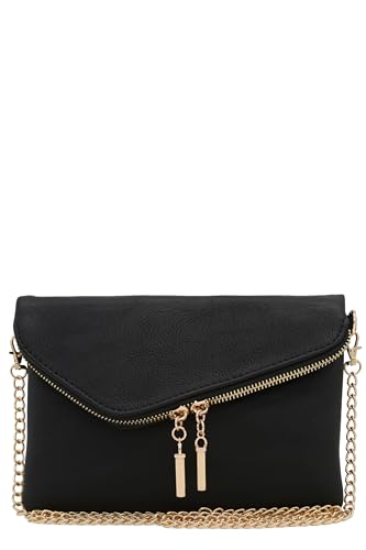 FashionPuzzle Envelope Wristlet Clutch Crossbody Bag with Chain Strap - color: Black