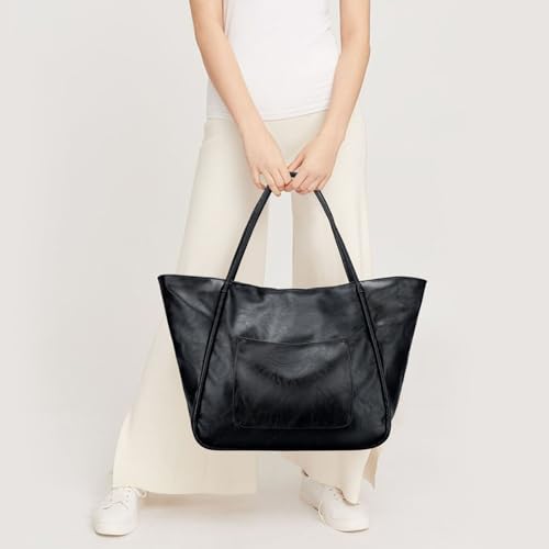 KKXIU Large Tote Bag for Women with Zipper Work Leather Travel Purse and Handbags - color: Black02