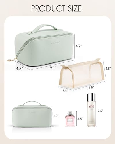 VLANDO Makeup Bag,Women Travel Toiletry Case,Carry Handle,Mint Green | Waterproof PU Leather with Zip TPU Pocket,Separate Brush Pouch,Travel Essentials,Skincare,Brushes Organizer,Gifts for Women - color: 07-Mint Green