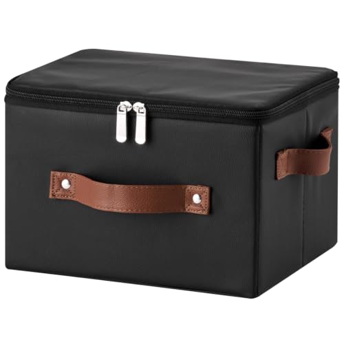 Storage Bins with Zipper Lid PU leather Storage Boxes Leather Fabric Collapsible Lidded Baskets Cube with Handle Decorative Shelves Closet Office Organizer Container(Black, Small Size) - color: Black, size: Small(set of 1)