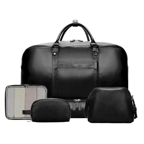 Large 4-in-1 Leather Duffle Bag for Travel Weekender Overnight Hospital Gym Bag for Men & Women, Carry On Airline Approved Personal Item Duffel Garment Bag Luggage with Shoe Compartment & Toiletry Bag - color: 4PCS Black