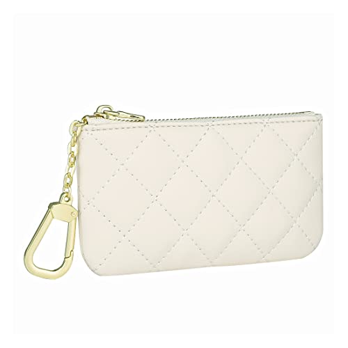 Premium Genuine Full Grain Leather Mini Coin Purse Keychain Pouch Card Holder for Men Women (Beige Quilted - LG) - color: Beige Quilted - LG