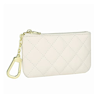 Premium Genuine Full Grain Leather Mini Coin Purse Keychain Pouch Card Holder for Men Women (Beige Quilted - LG) - color: Beige Quilted - LG