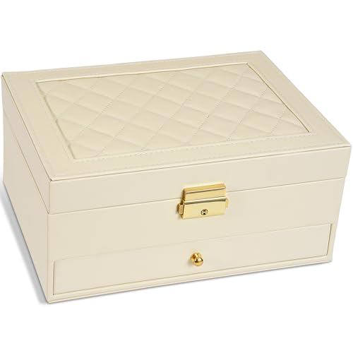 GUOER Jewelry Box for Women Girls, Two Layers Jewelry Organizer (Apricot) | Vintage Quilting Stitching PU Leather, Earrings Bracelets Rings Necklace Watches Storage Large Jewellery Holder Case Gifts - color: Apricot