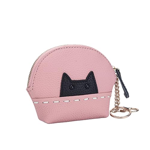 Cute Cat Small Coin Purse for Women - Credit Card Holder with Zipper Fashion Leather Compact Wallet Change Purse for Cash Key (Pink)