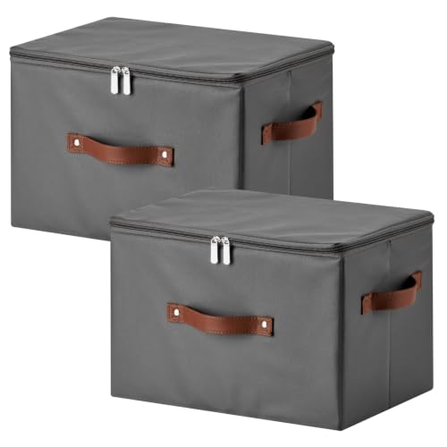 2PCS Storage Bins with Zipper Lid PU leather Storage Boxes Leather Fabric Collapsible Lidded Baskets Cube with Handle Decorative Shelves Closet Organizer Container(Dark Gray, Large Size) - color: Dark Gray, size: Large(set of 2)