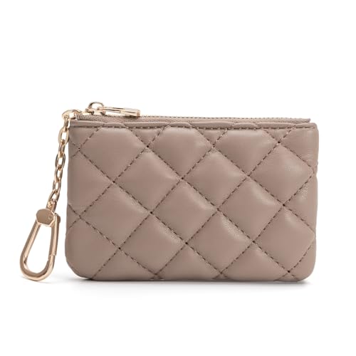 Quilted Faux Leather Coin Purse with Keychain - Small Coin Pouch Key Pouch Small Card Holder Keychain Wallet Change Purse for Women and Men (Khaki) - color: Khaki