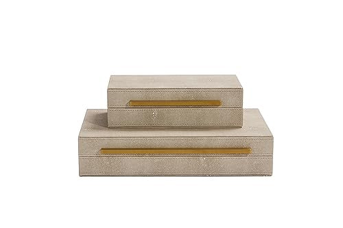 Kingflux Ivory Shagreen Leather Set of 2pcs Decorative Boxes, Storage Boxes Jewelry Organizer, Woment&Men's Accessory Organizer ，Memory Keepsake Box with Brushed Gold handle(Ivory) - color: Ivory