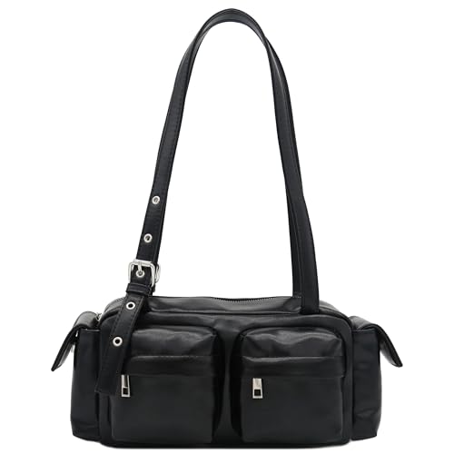 Glossy PU Leather Multi Pocket Shoulder Bag | Glossy Faux Leather - color: A Black