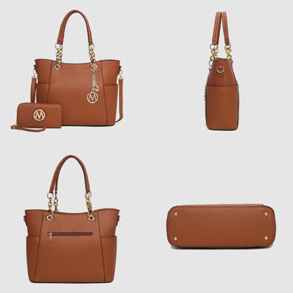 J’OMOR by Mia Tote Bag for Women, Handbag Set with Wallet Top-Handle Bag Vegan Leather Purse - color: Bonita Cognac