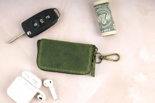 Green Leather Key Holder & Coin Purse | Full grain leather, zippered coin pouch, belt-loop keychain, earphone storage, key organizer for men & women - color: Green