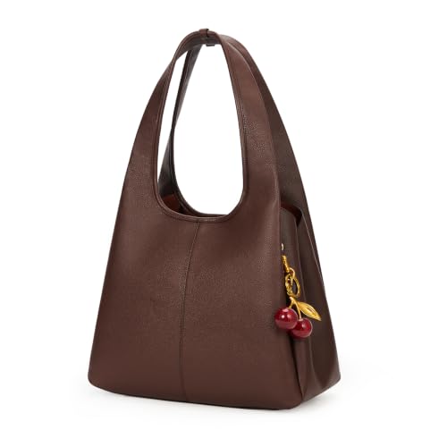JQWSVE Hobo Bags for Women Vegan Leather Shoulder Bag Large Retro Bucket Tote Bag with Cherry Charm for Travel Work