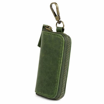 Green Leather Key Holder & Coin Purse | Full grain leather, zippered coin pouch, belt-loop keychain, earphone storage, key organizer for men & women - color: Green