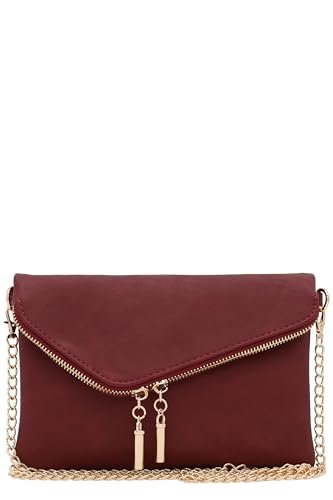 FashionPuzzle Envelope Wristlet Clutch Crossbody Bag with Chain Strap - color: Burgundy