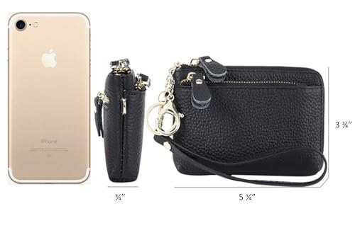 Women Genuine Real Leather Coin Purse with Hand Strap. 3 Zipper Small Wallet Wristlet with 3 credit cards slots Holder - Black - color: #01 Black