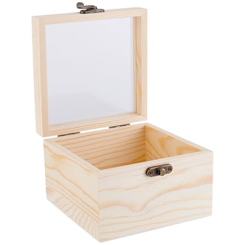4.72 x 4.72 x 3.35 Inch Unfinished Wooden Display Box Small Wood Keepsake Storage Box with Glass Lid Jewelry Stash Case Container with Hinged Lid for Jewelry Storage Gift Packaging Home - style: 12 x 12 x 8.5cm unfinised