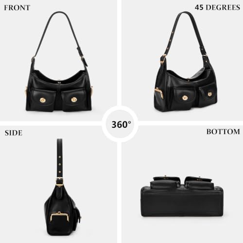 Turn Lock Shoulder Bag for Women Multi-Pocket Shoulder Hobo Handbags Large Kiss Lock Tote Crossbody Bags for Work - color: Black