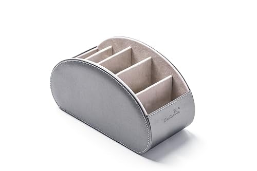 Remote Control Holders Organizer Box with 5 Compartment PU Leather Multi-functional Office Desk Storage Caddy Store Tv Remote for Media Player,Brush,Pencil,Glassees&Office Supplies (Champagne silver) - color: Champagne Blue, size: M