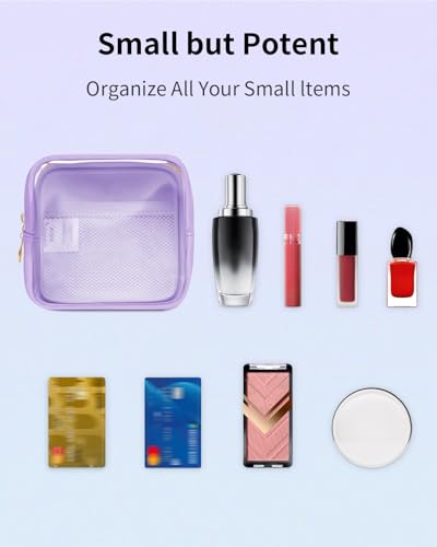 Wandering Nature Clear Makeup Bag for Purse Mini Make up Bag Cute Cosmetic Pouch for Women with Slip-in Pockets Travel Toiletry Essentials Vegan Leather Organizer Pouch,Patent Pending - color: Purple