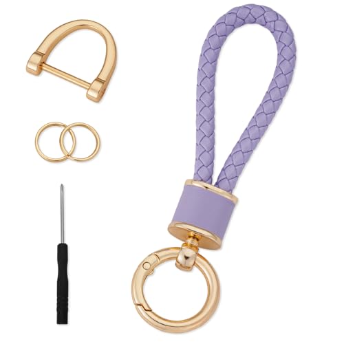 Hanhee Braided Leather Keychain for Men & Women, 14K Zinc Alloy Key Ring with D-Ring Screwdriver, Car Key Holder Chain - color: Purple