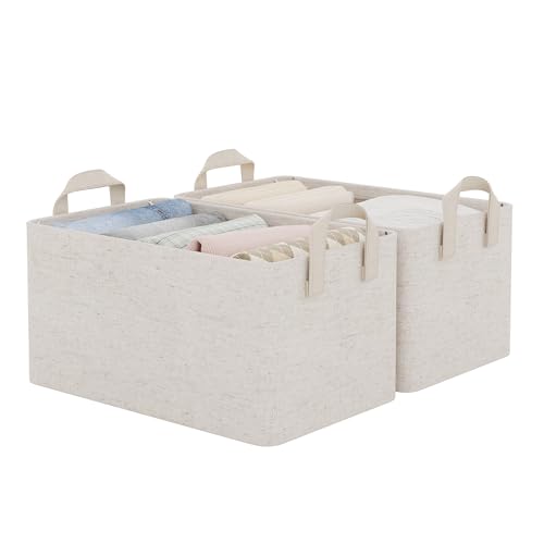 StorageWorks Fabric Storage Bins, Linen Closet Organizers, Beige, 2-Pack | With Reinforced PU Handles, Metal Frame, Sturdy Structure, Collapsible, for Closet, Shelves, Holds Clothes, Towels, Blankets - color: Beige（Cotton-linen）, size: 14 ¾" L x 10 ¼" W x