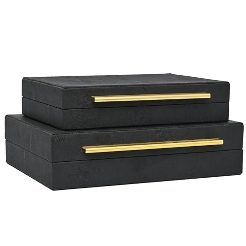 DECOR4SEASON Faux Shagreen Leather Jewelry Boxes Set of 2 with Gold Handles | Decorative Organizer Storage Box for Rings, Earrings, Watches, Dresser, Vanity, Stackable, Black - color: Black, size: M